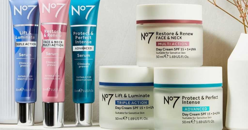 No7 Beauty Products stacked together
