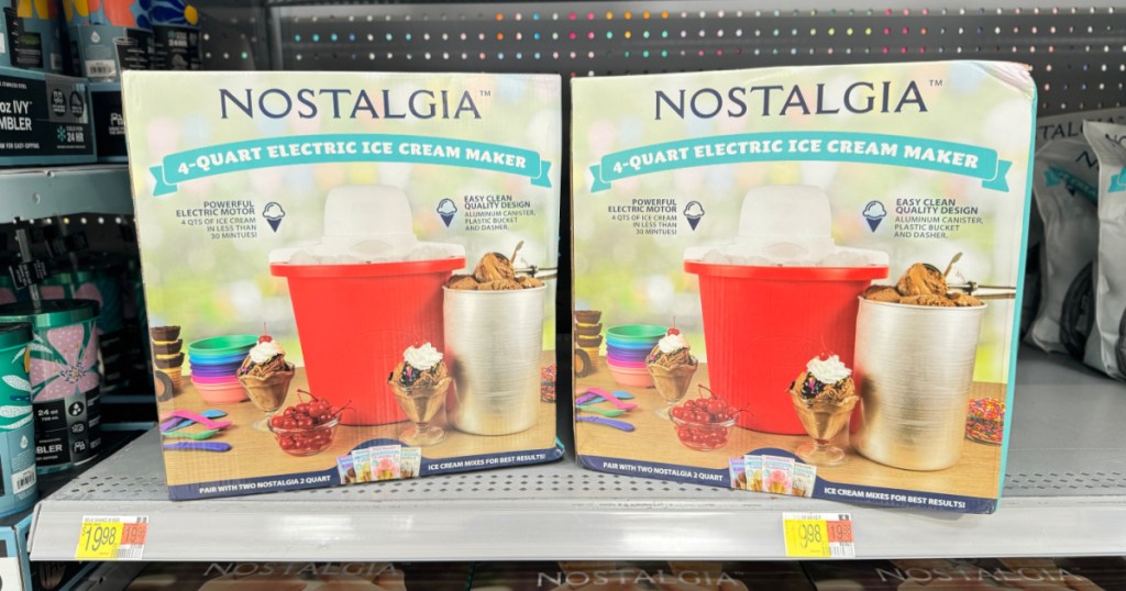 red Nostalgia 4-Quart Electric Ice Cream Maker on walmart shelf