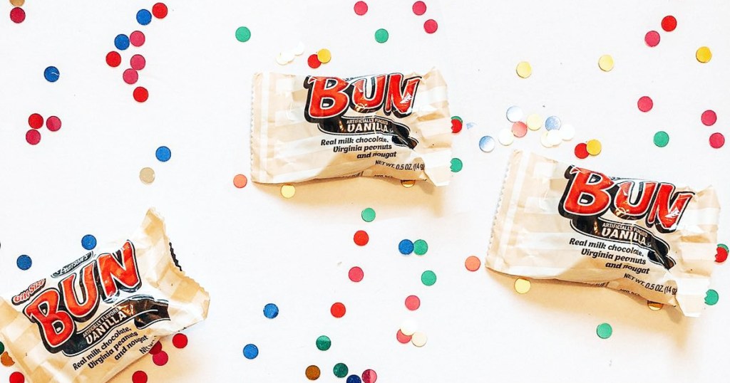 Pearson's BUN Vanilla Cluster Bars with confetti around them