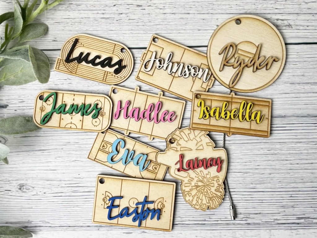 multiple wooden sports personalized tags