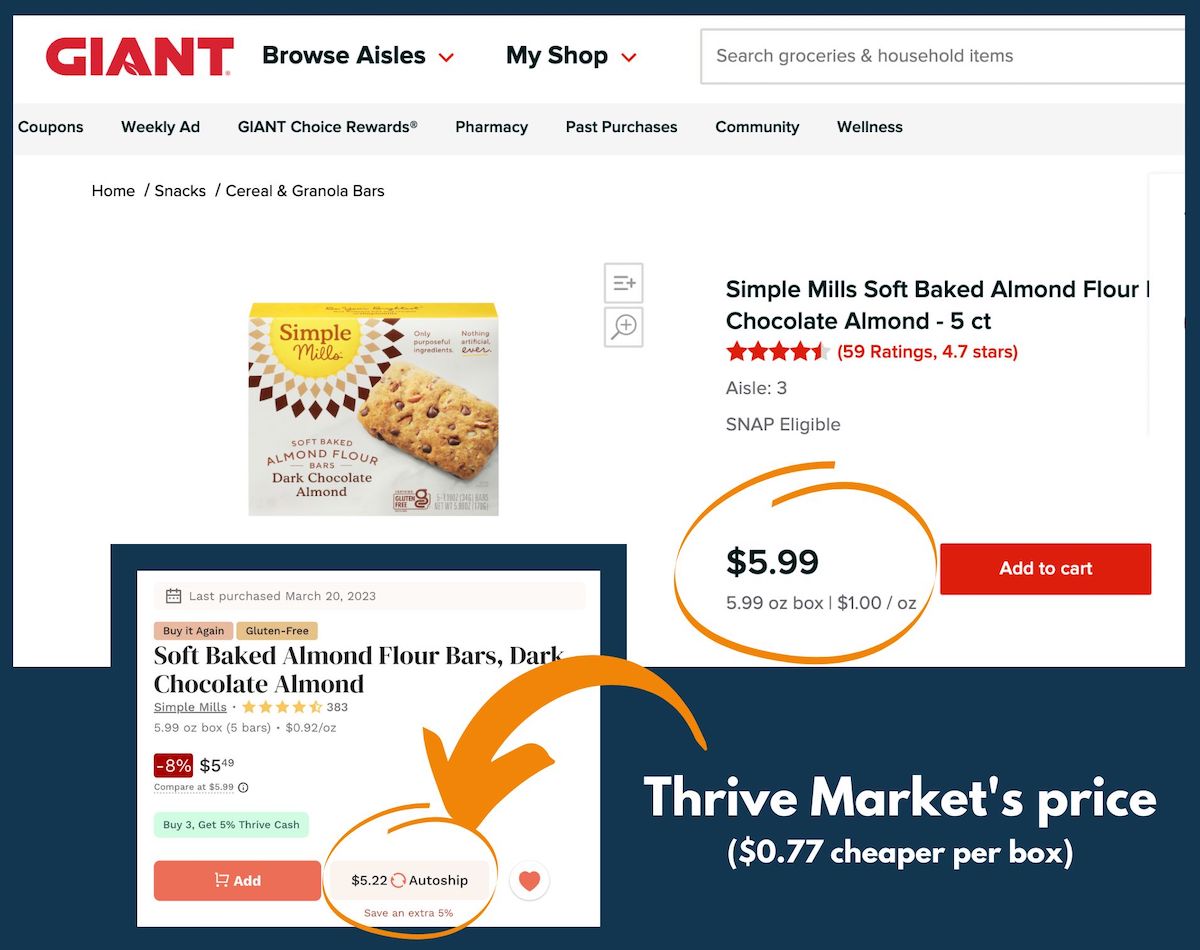 price comparison between giant and simple mills soft baked bars