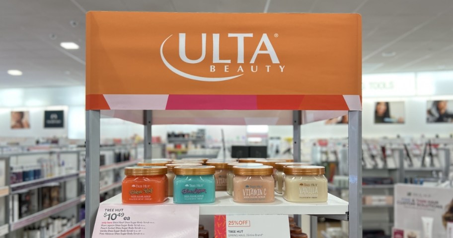 ulta beauty spring sale sign with tree hut sugar scrubs on display