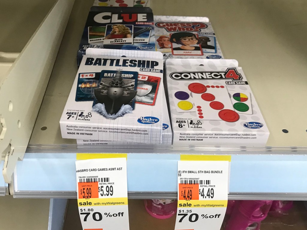 battleship and connect4 card games on shelf