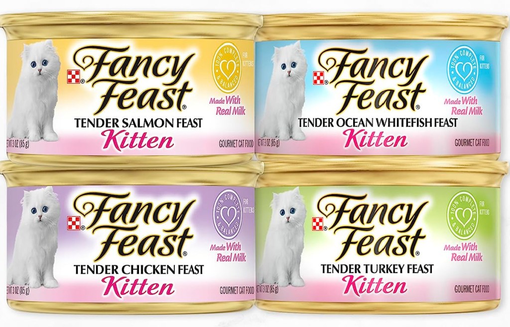 four different kinds of canned cat wet food