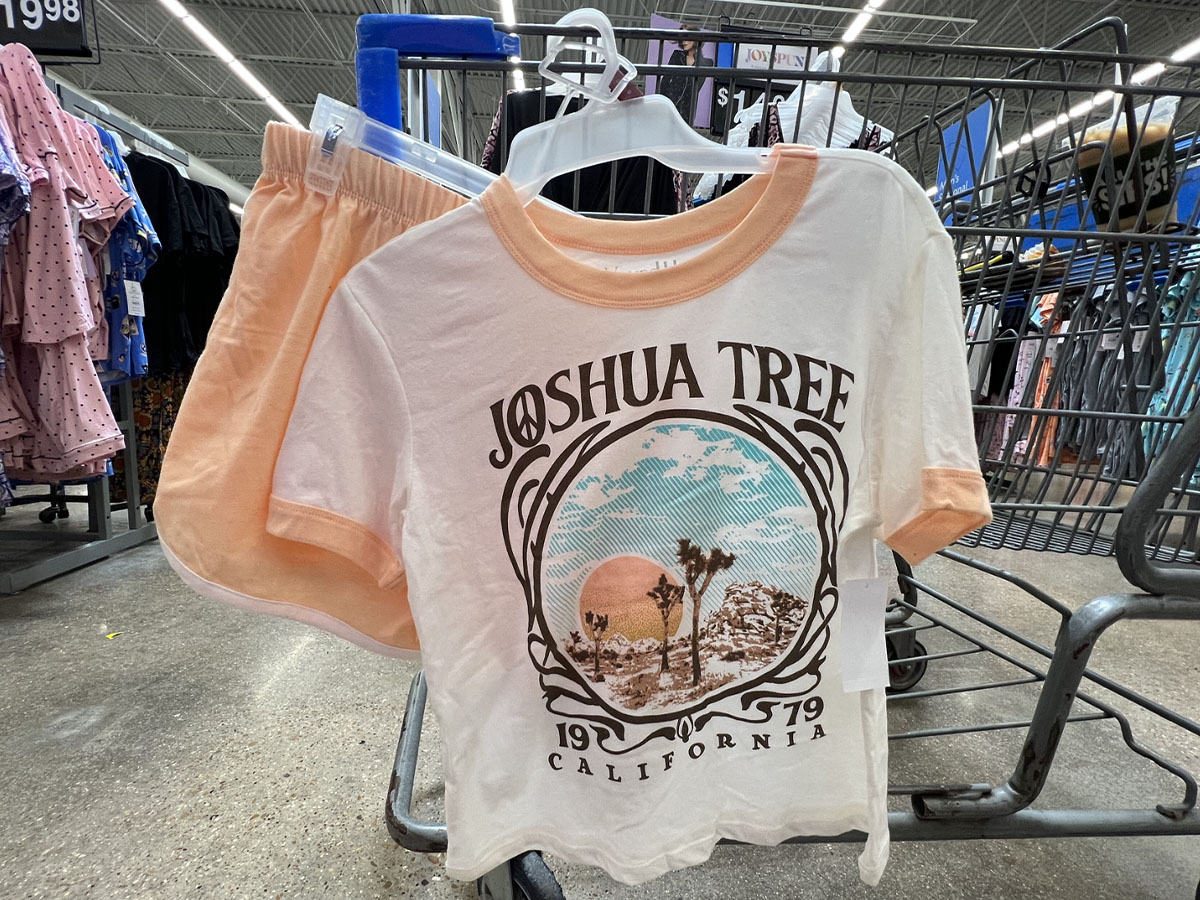 peach joshua tree pajama set hanging on walmart cart