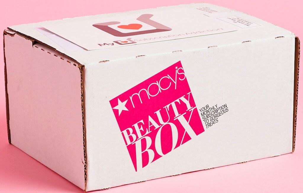 macys beauty box on pink background