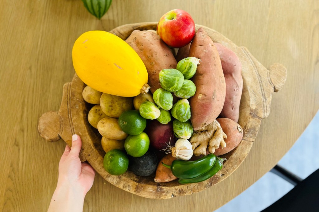 fresh produce on wooden plate