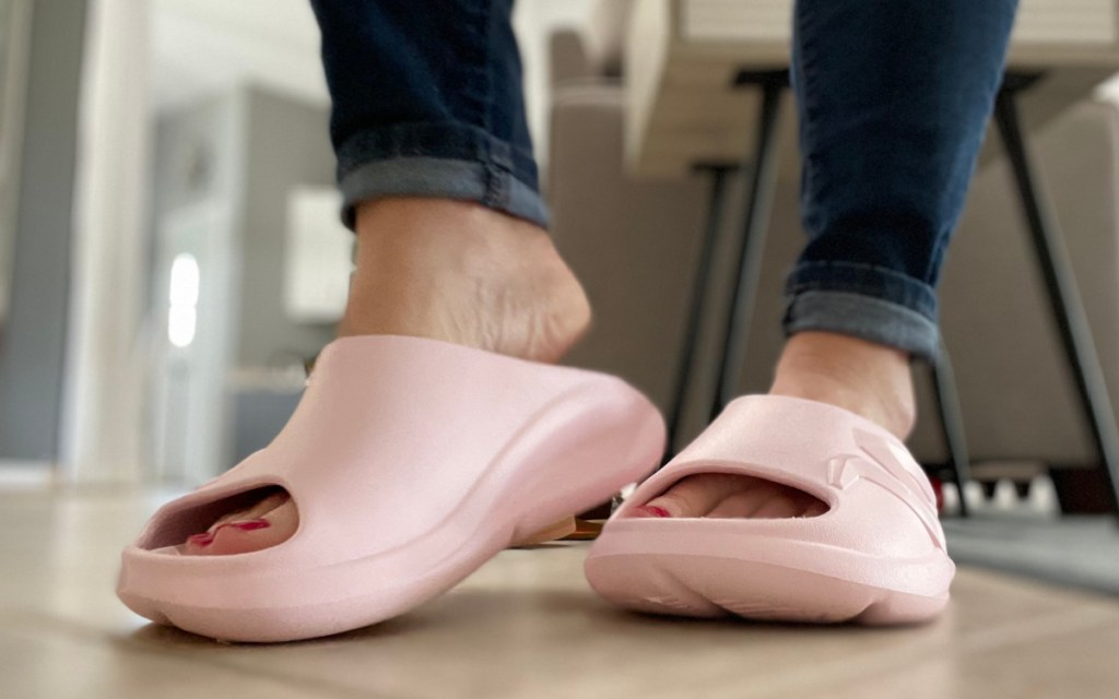 pink cushioned slide sandals