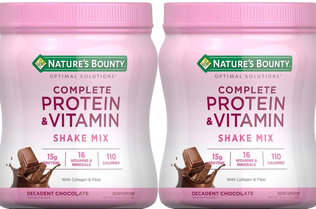 two stock images of Nature's Bounty Protein & Vitamin 16oz Decadent Chocolate Shake Mix