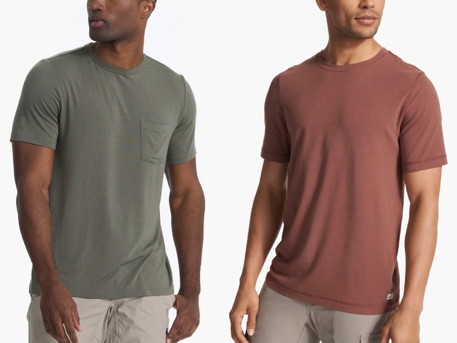 two men wearing green and red tees