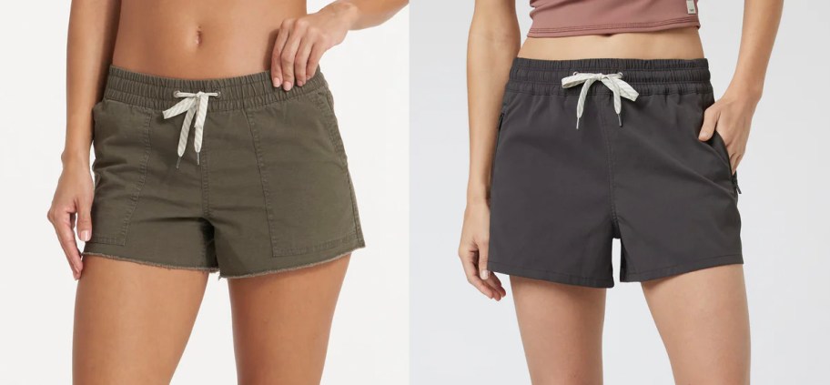 two women wearing green and gray shorts