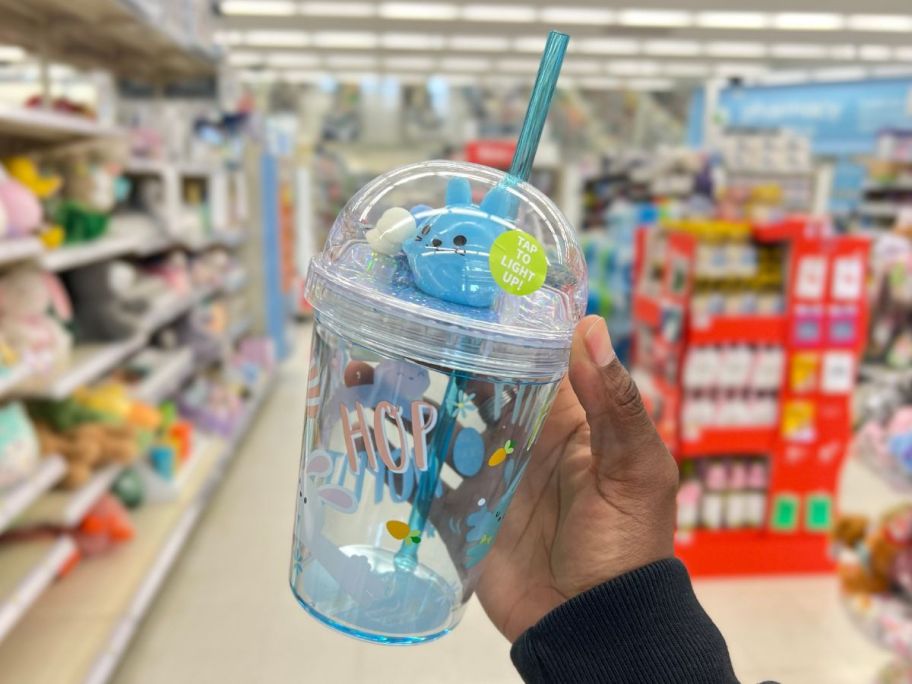 blue Easter Bunny Light Up Dome Cup in person's hand