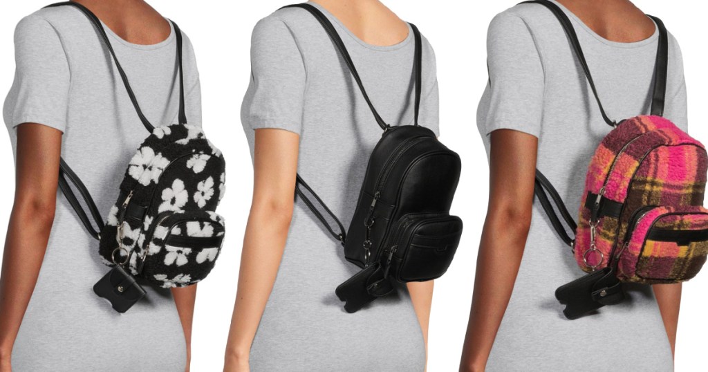 woman wearing No Boundaries Women's Convertible Backpack in multiple colors