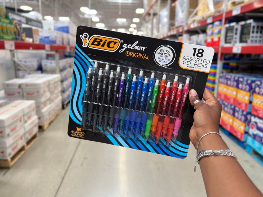 BIC Gel-ocity Retractable Gel Pens 18-Pack in woman's hand at Sam's Club