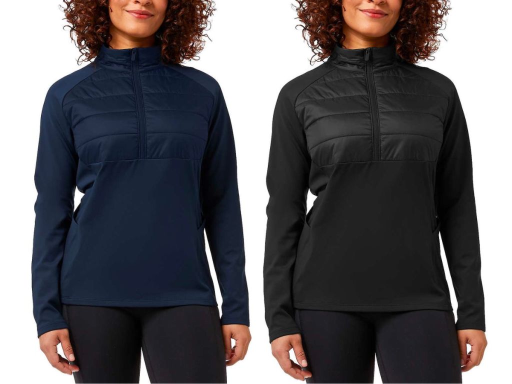 2 models wearing half zip pullovers