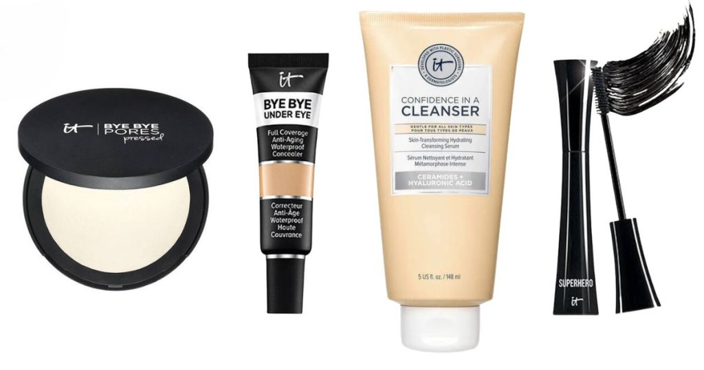 IT Cosmetics Pressed Powder, Under Eye Concealer, Confidence Cleansing Cream and Mascara