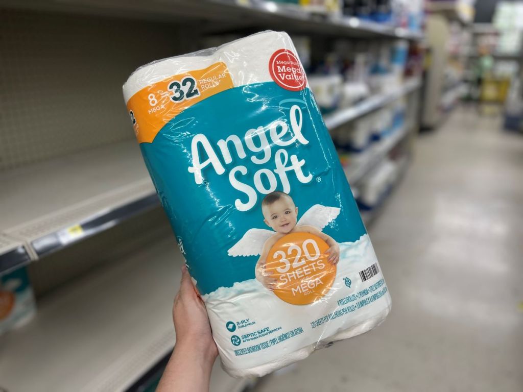 Hand holding a package of Angel Soft toilet paper