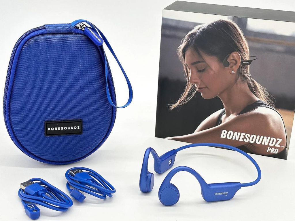BoneSoundz headphones, storage case, two magnetic charging cables and the box they all come in