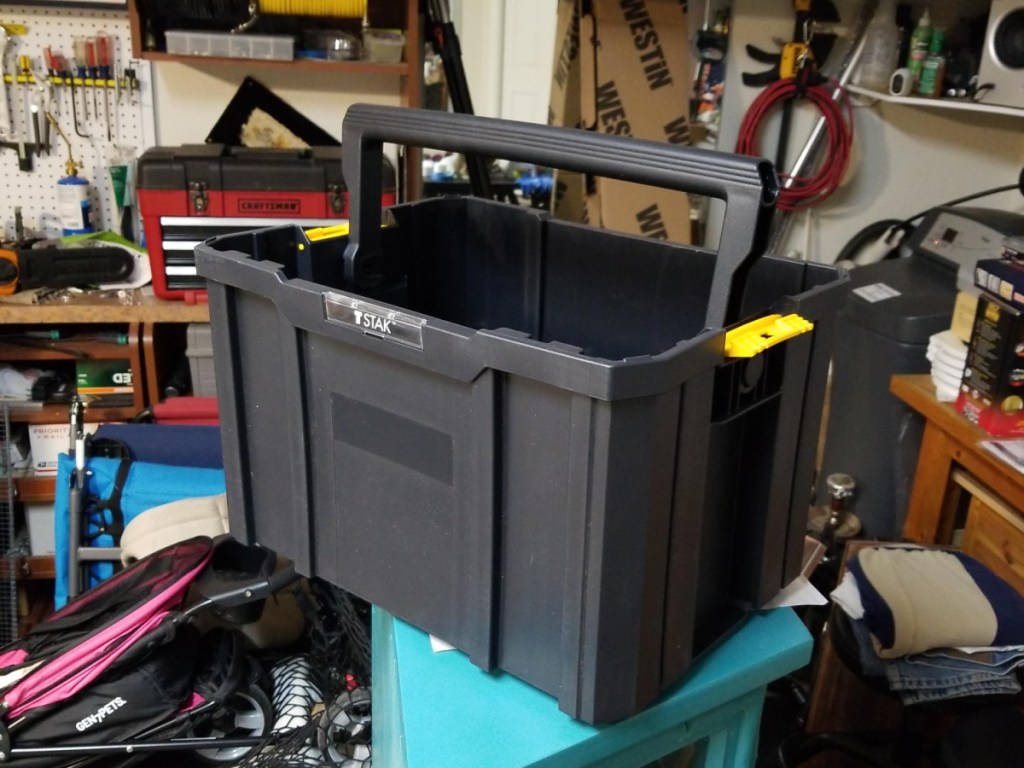 DEWALT TSTAK Tool Tote in a garage or workshop