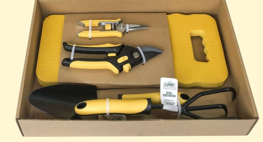 Expert Gardener Gardening Tools Metal Set 5-Piece inside of its box with a yellow wallpaper