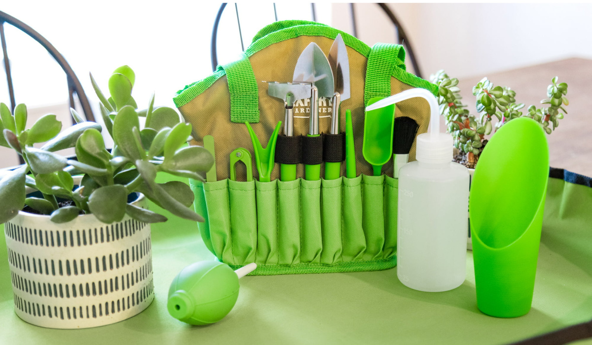 Expert Gardener Indoor Stainless Steel Gardening Tool Set next to a plant