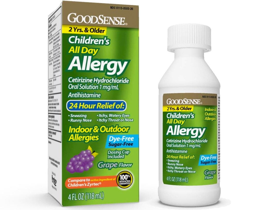 white and green box and bottle of GoodSense Children&rsquo;s All-Day Allergy Liquid