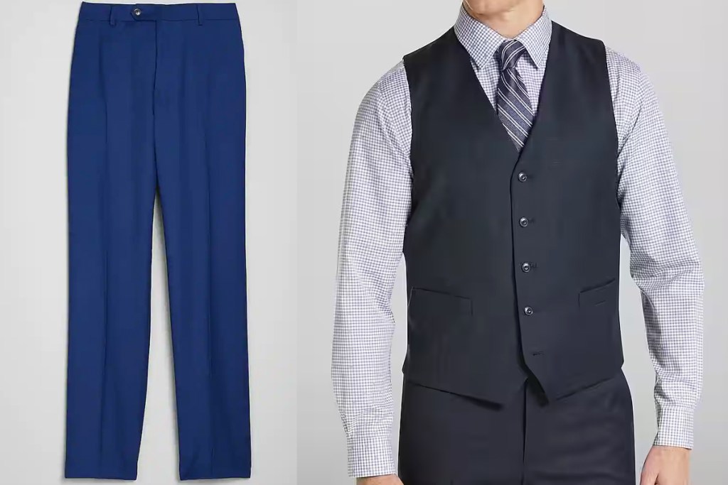 blue dress pants and man in navy blue vest