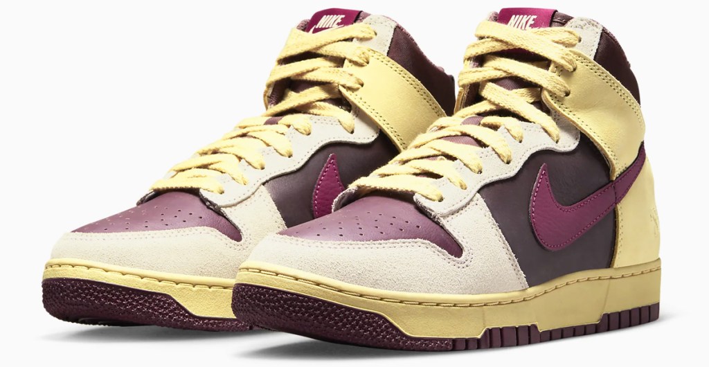 yellow and maroon nike dunks shoes