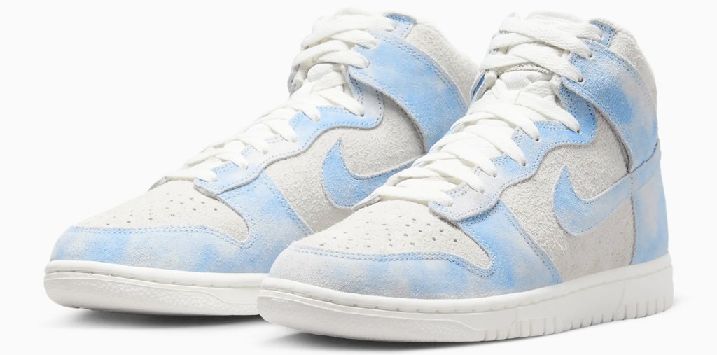 white and blue cloud print nike sneakers