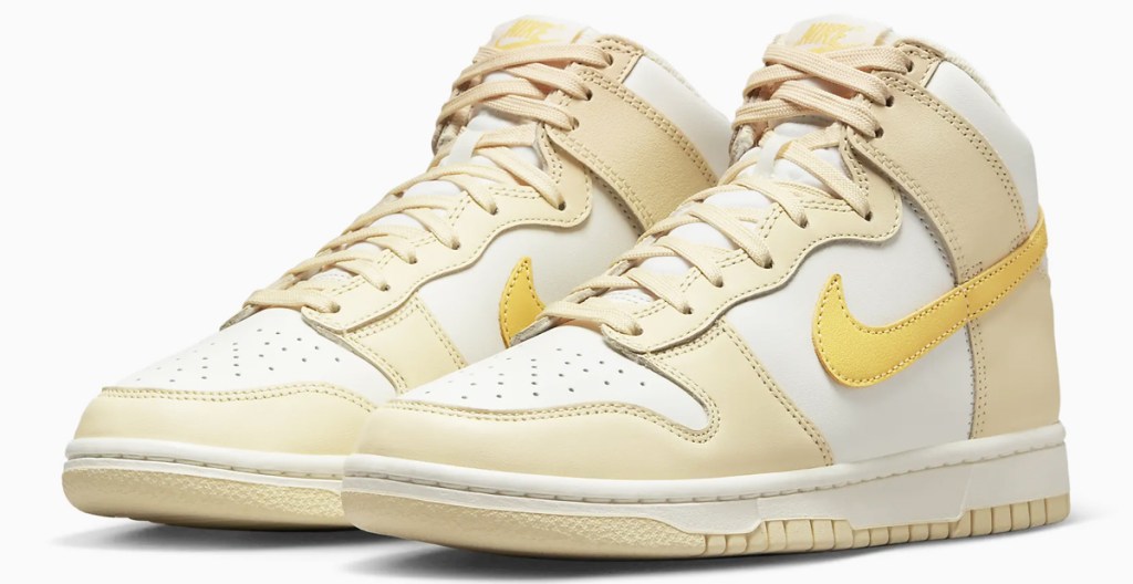 white and yellow nike dunk shoes