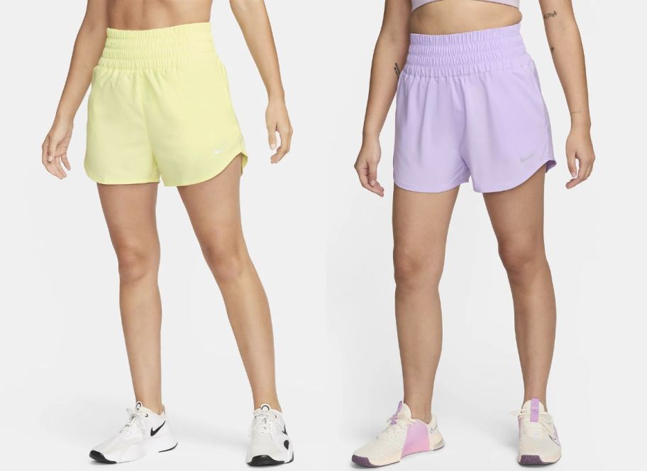 two models wearing high waisted shorts