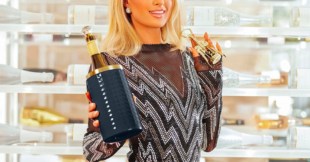 Paris Hilton Wine Bottle Chiller Set being held by Paris Hilton