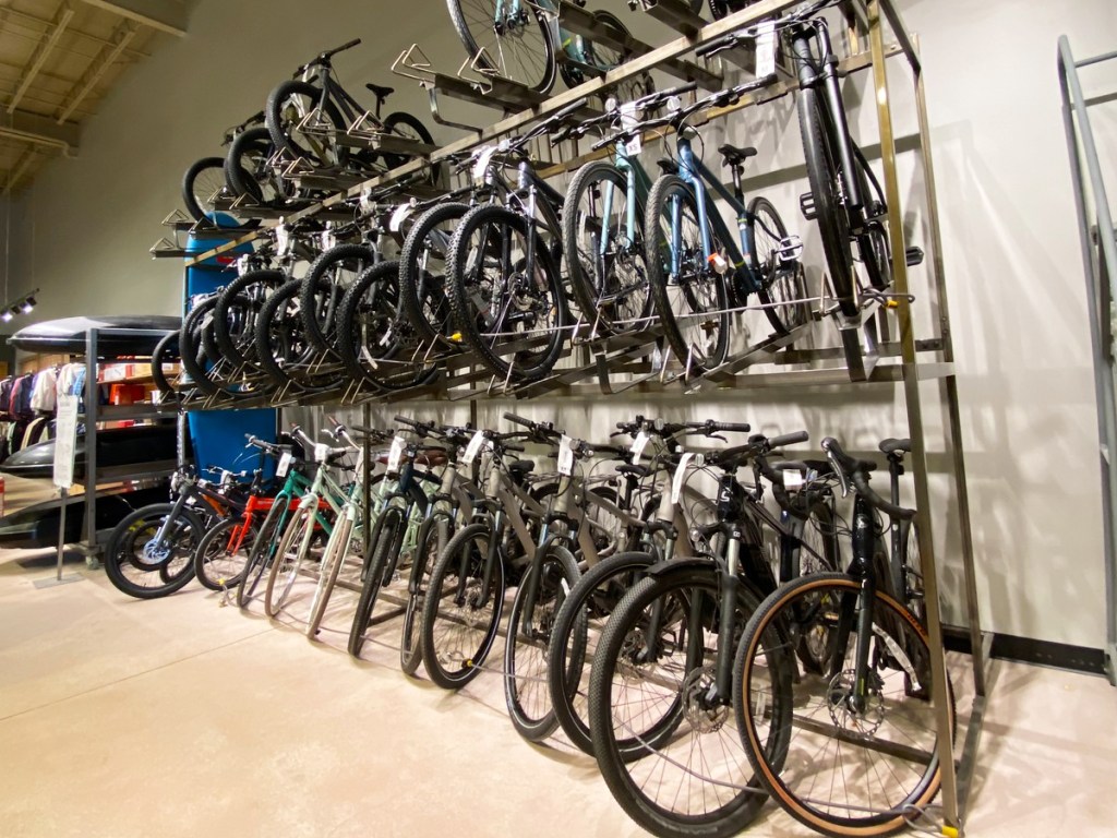 bicycles display wall inside REI store