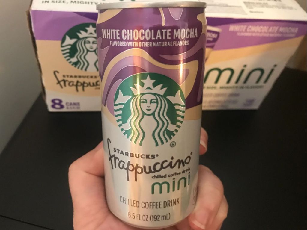 Up close view of a mini can of Starbucks White Chocolate Mocha Frappuccino