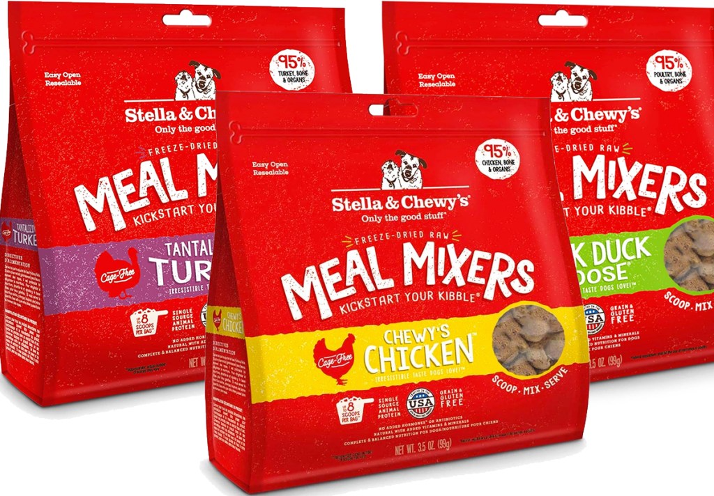 three red bags of Stella & Chewy's Freeze-Dried Raw Meal Mixers