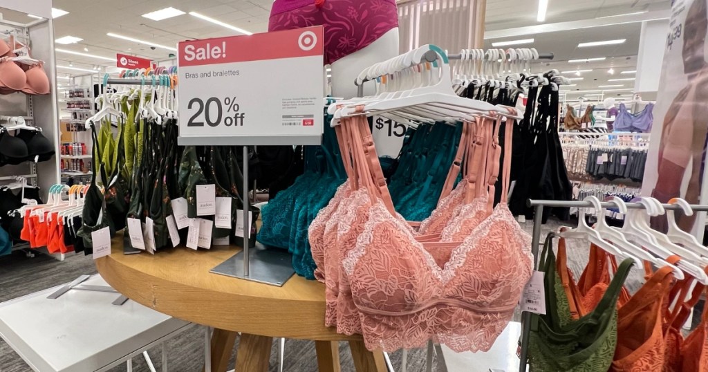 target bras and bralettes in store with discount sign