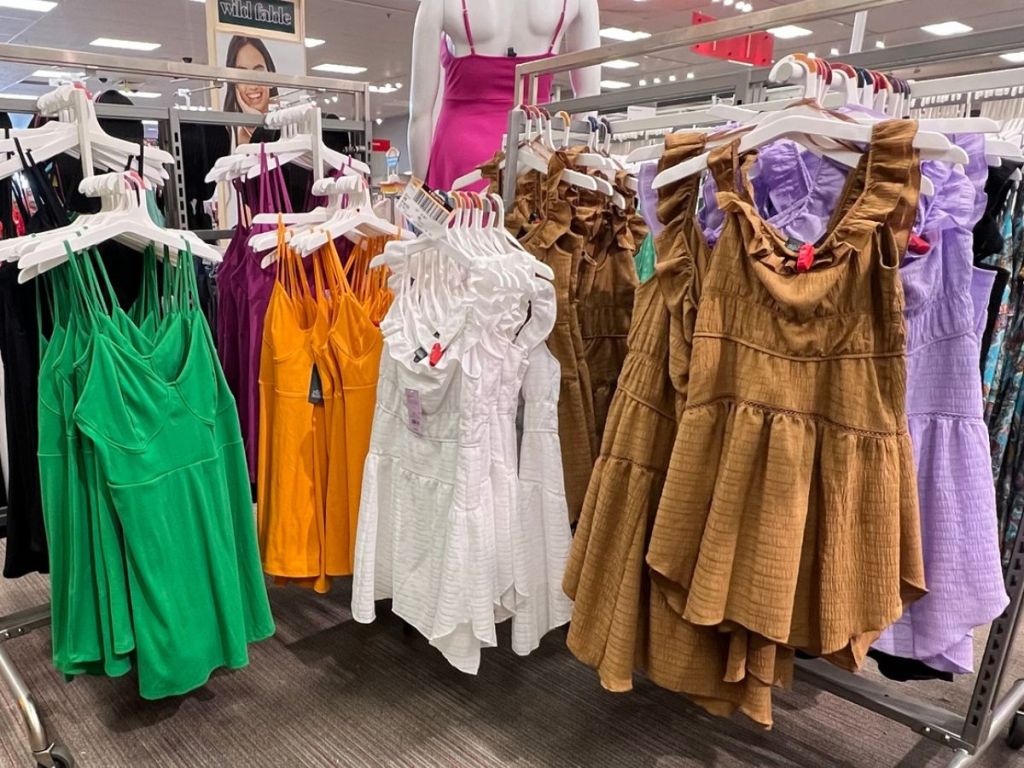 Racks of wild fable dresses at Target