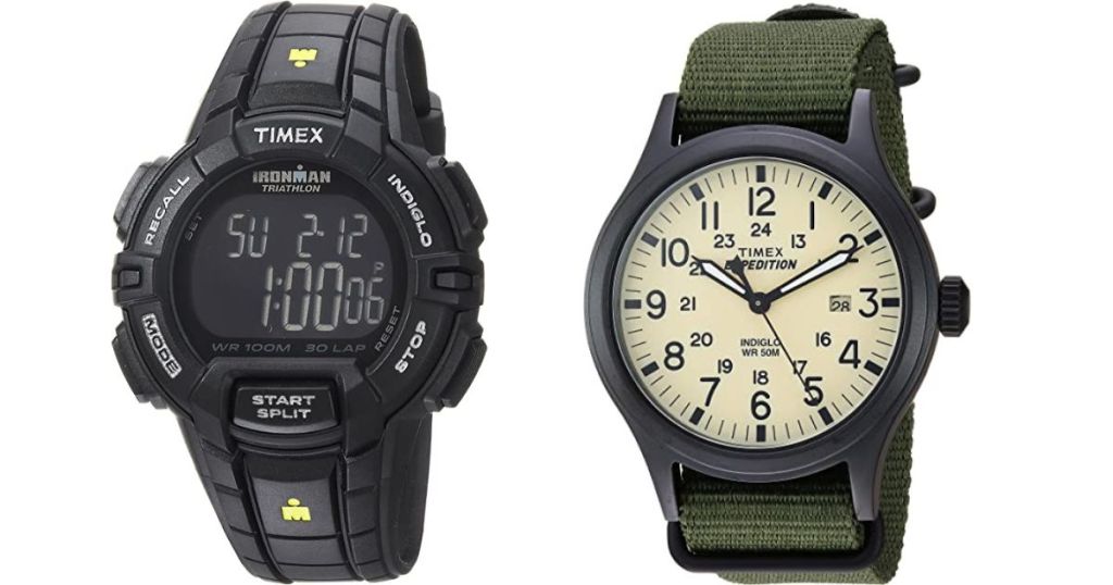 A black digital watch and a green analog watch