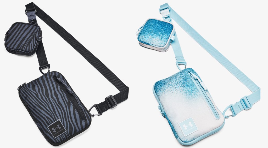 black/grey zebra print and blue speckled crossbody bags