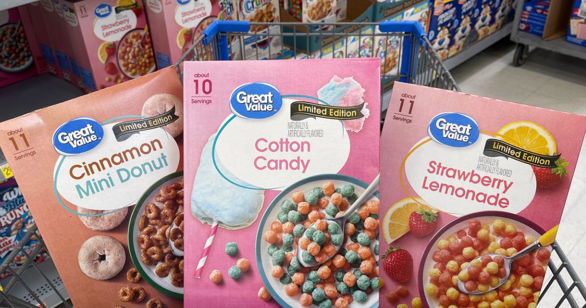3 boxes of cereal in summer flavors in a shopping cart