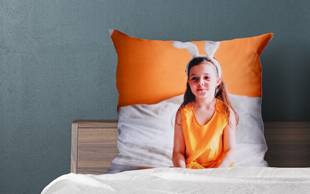 girl with bunny ears photo on a pillow