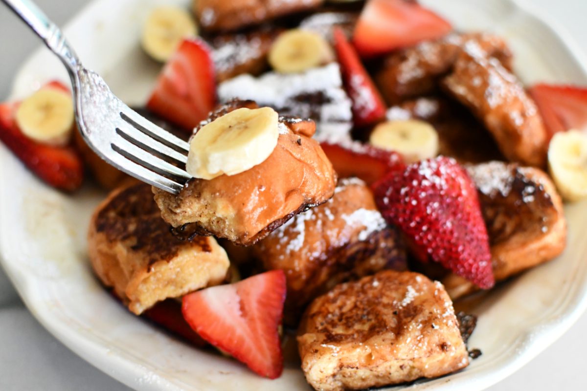 fork with hawaiian roll french toast bite