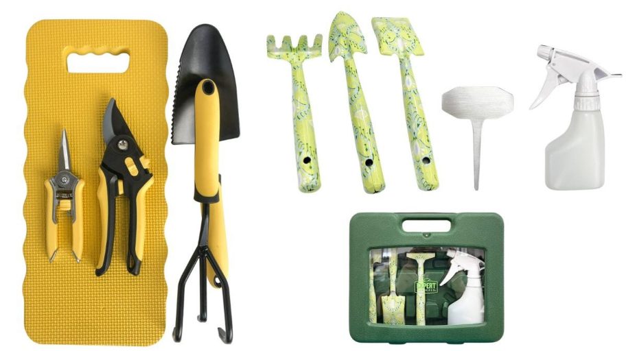 yellow gardening tools and green gardening kits