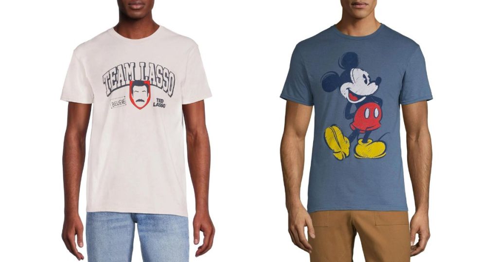 man wearing team lasso tee and man wearing mickey mouse tee