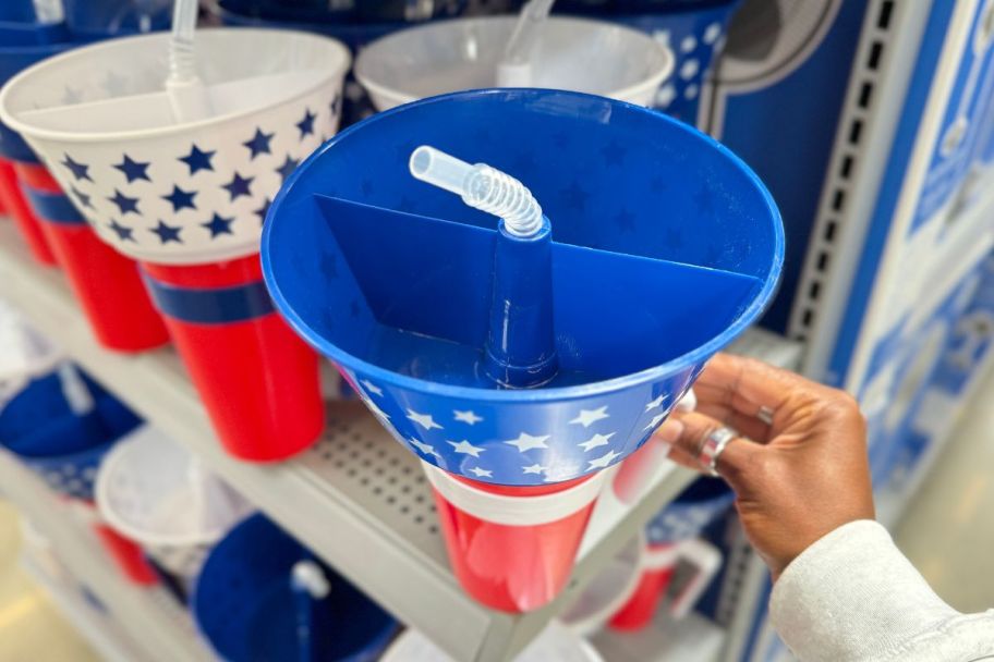 large cup with a snack tray on top