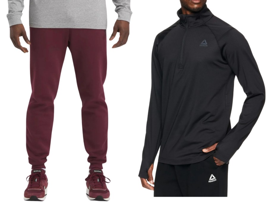 man wearing maroon Reebok joggers and a man wearing a black zip up Reebok pullover