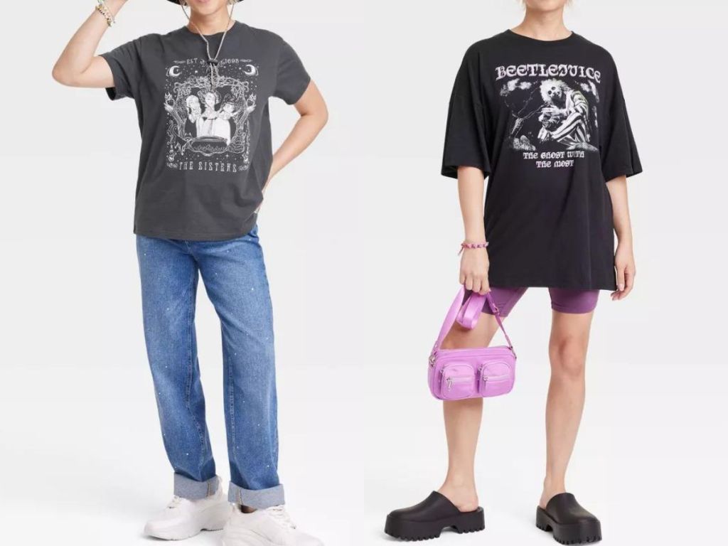 person wearing Hocus Pocus tee and person wearing Beetlejuice Tee
