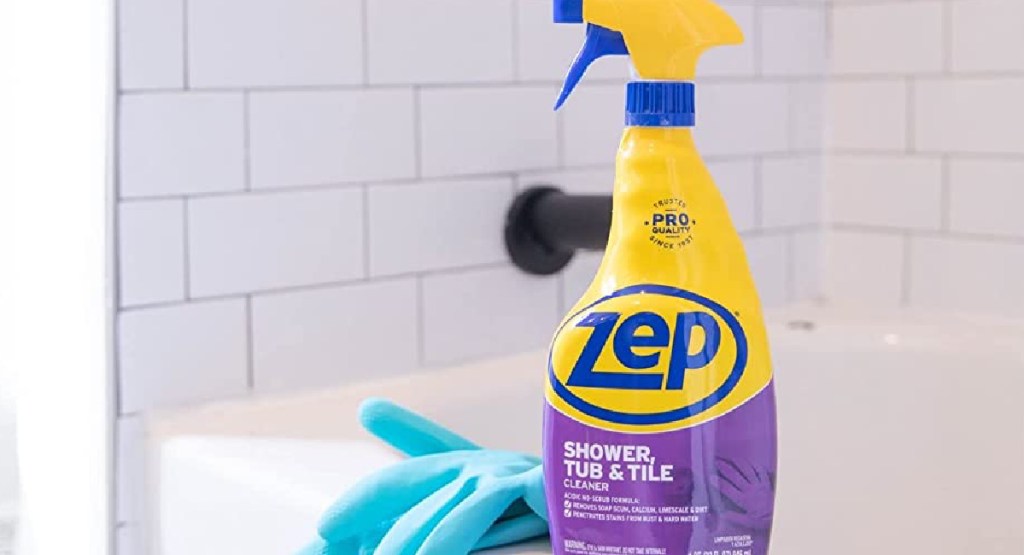 zep shower cleaner displayed next to cleaning gloves