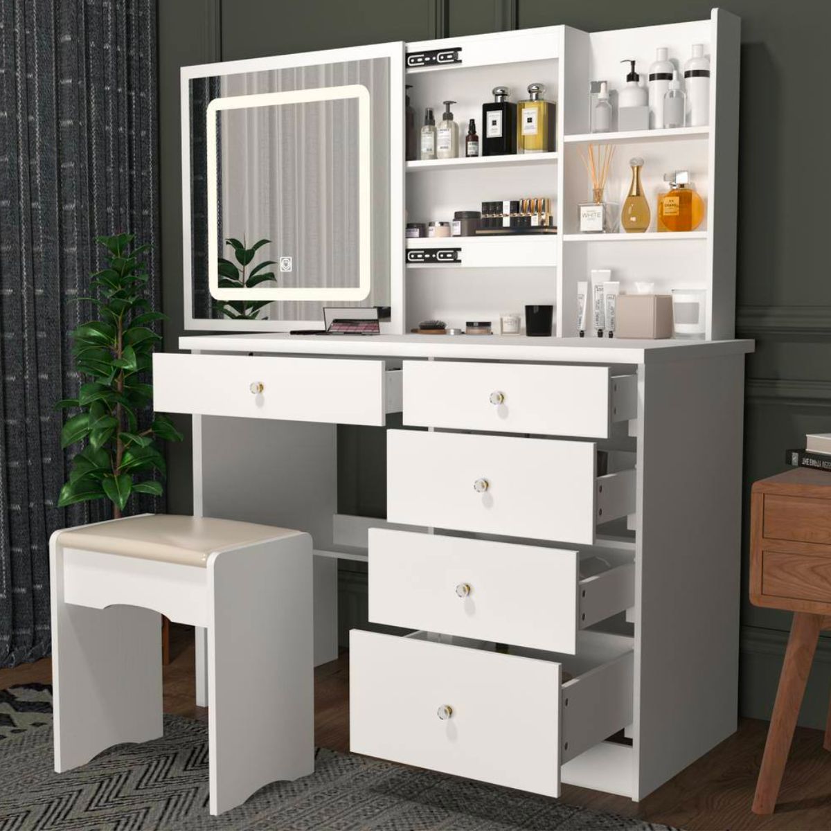5-Drawer White Wood LED Mirror Vanity Set Stool Storage Shelves