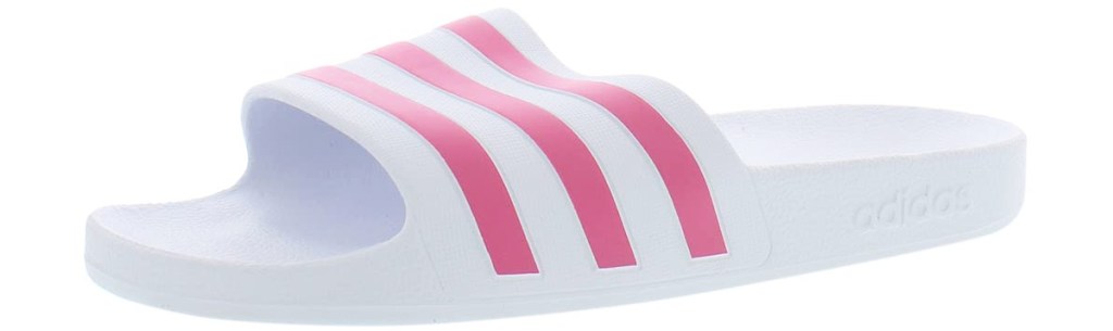 white adidas slide with pink stripes